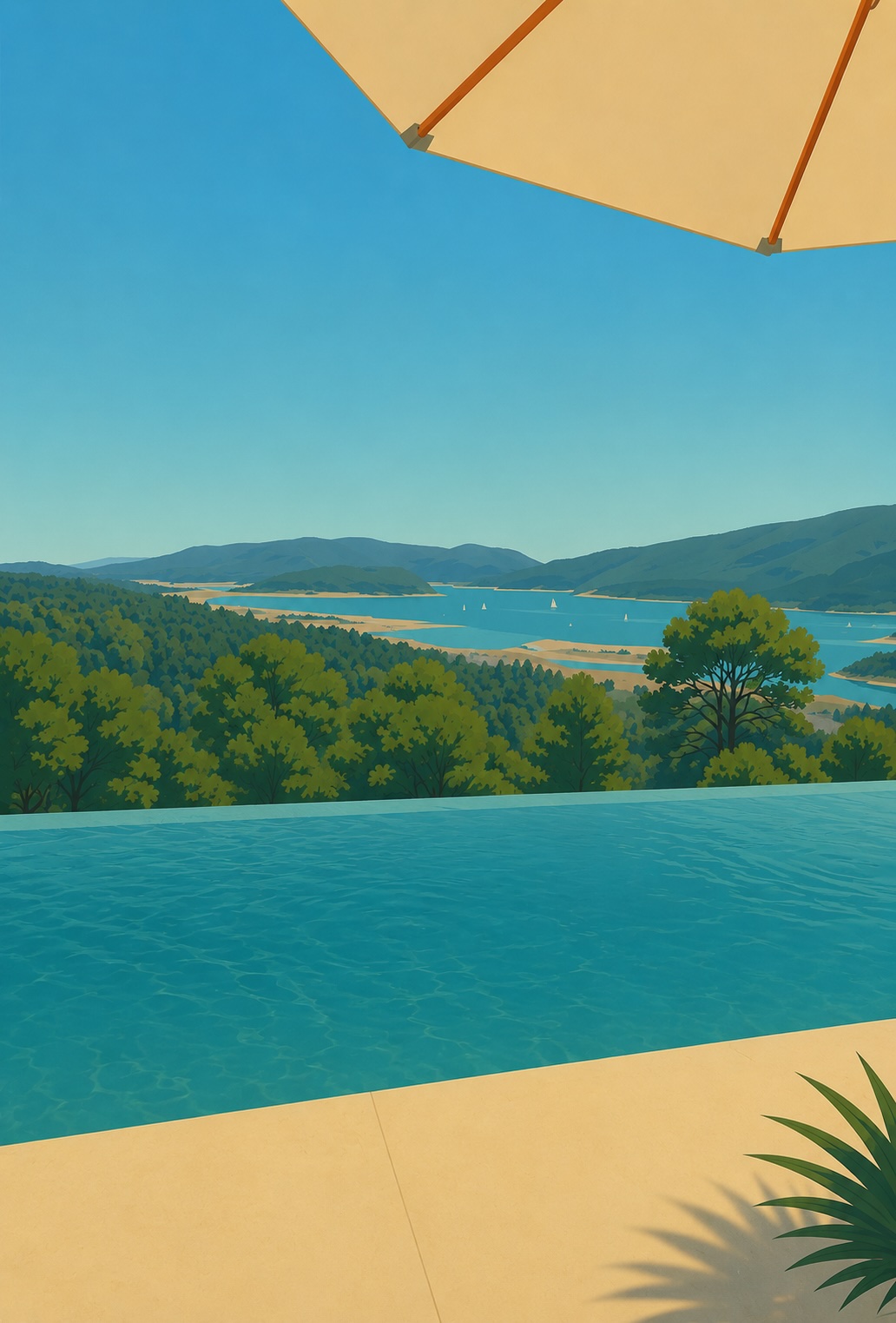 Cartel ilustrado de pool party con piscina, embalse y sombrilla terracota